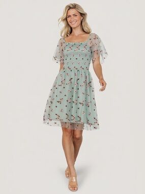 Baltic Born Tivoli Tulle Dress Women 2XL Sage Pink Smocked A-Line Flutter Sleeve